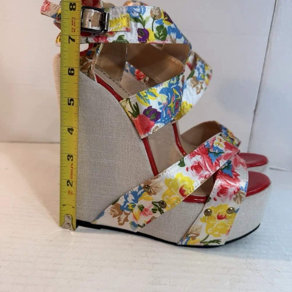 Women's Size 41 Sandals Platform Wedges Floral Print Satin Buckle Straps Ladies